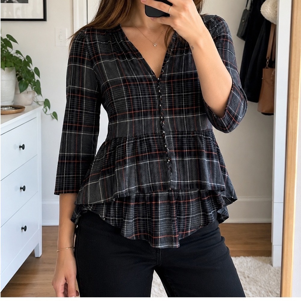 Veronica Beard Plaid Peplum V-Neck Blouse 10 high low autumn ruffle